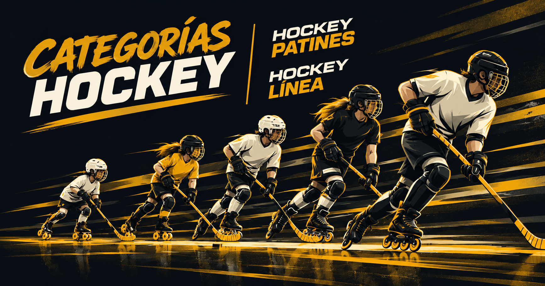 Jugadores de hockey base de distintas edades patinando juntos, de prebenjamín a júnior